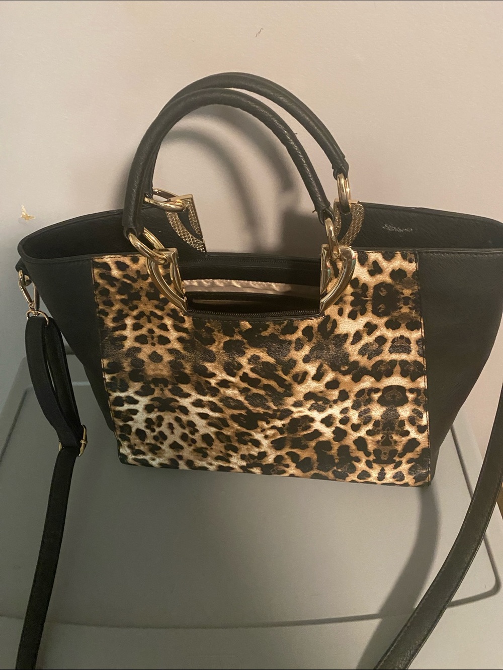 Black & Leopard Tote with Gold Hardware